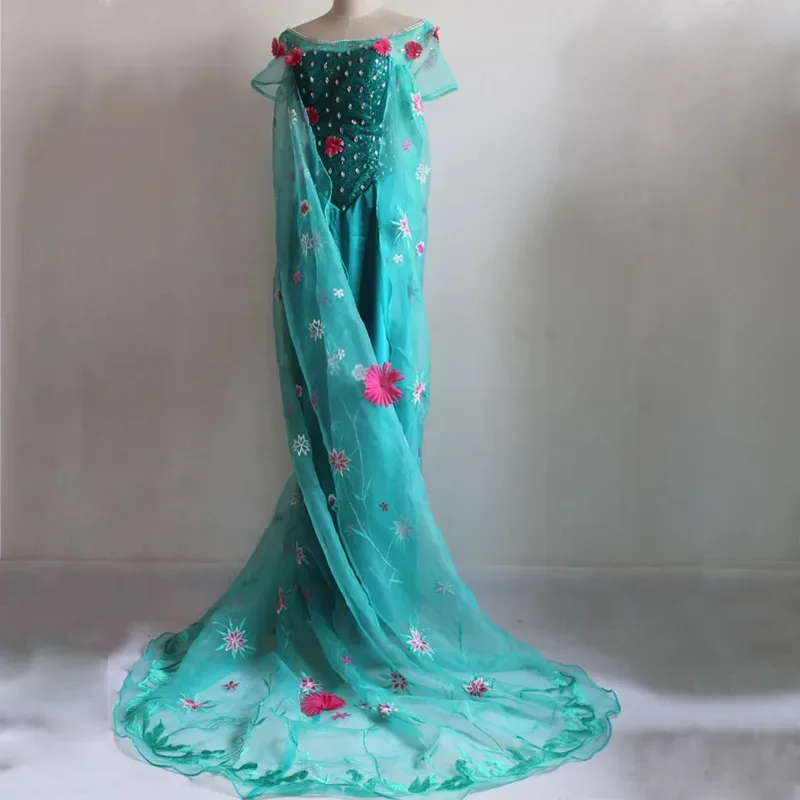 

qa156New Arrival Ice Snow Queen Elsa Princess Embroidery Dress With Cape Cosplay Costume Dresses For Adult Gril Women