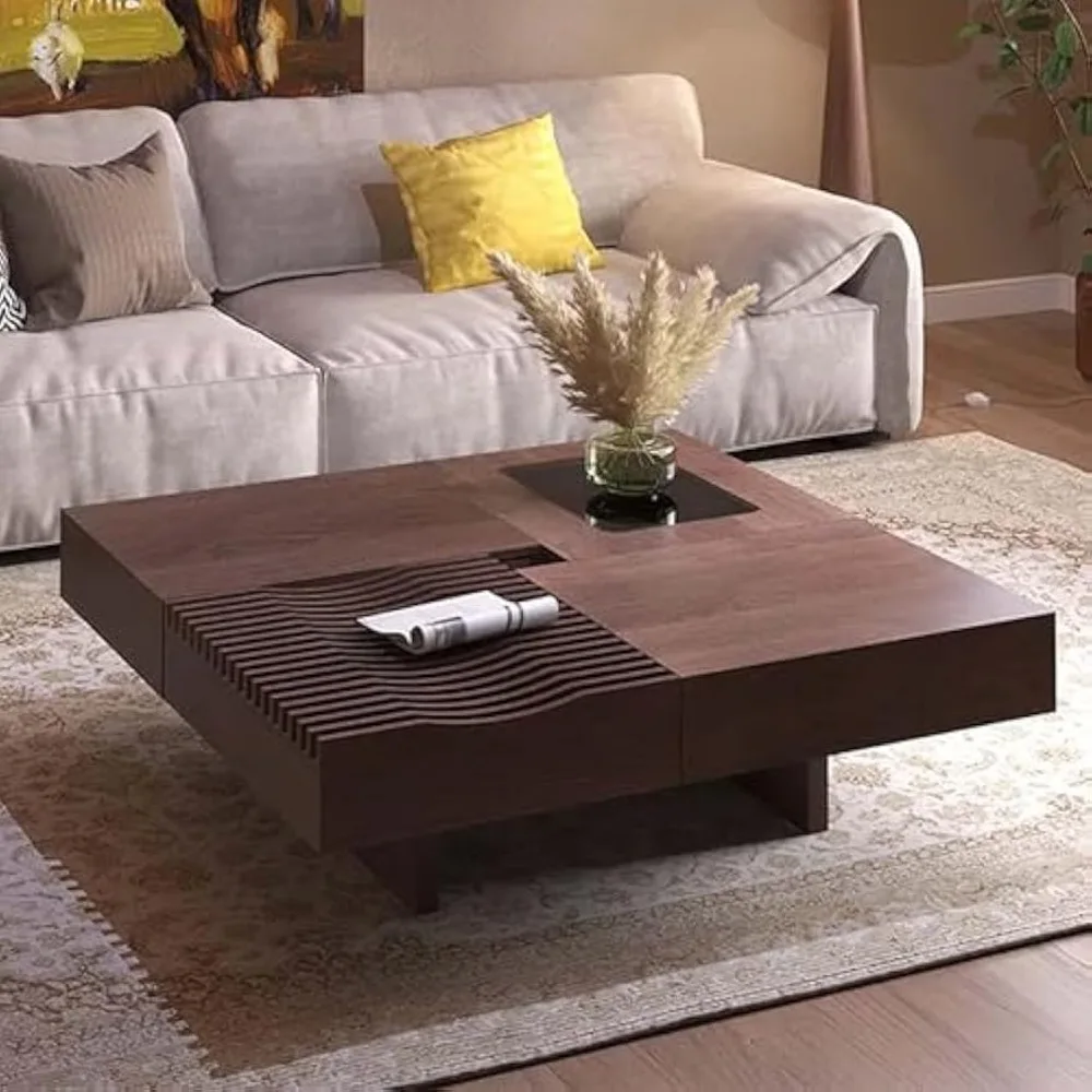 

Mid Century Modern for Living Room, Square Coffee Table with Multifunctional Storage, Walnut Coffee Table for Home Office