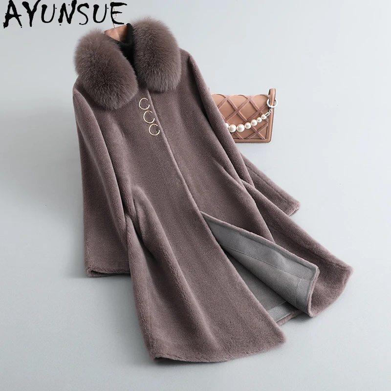 

AYUNSUE 100% Natural Wool Coats for Woman Fox Fur Collar Long Fur Jackets Woman Clothes Winter New in Outerwears Abrigo Mujer