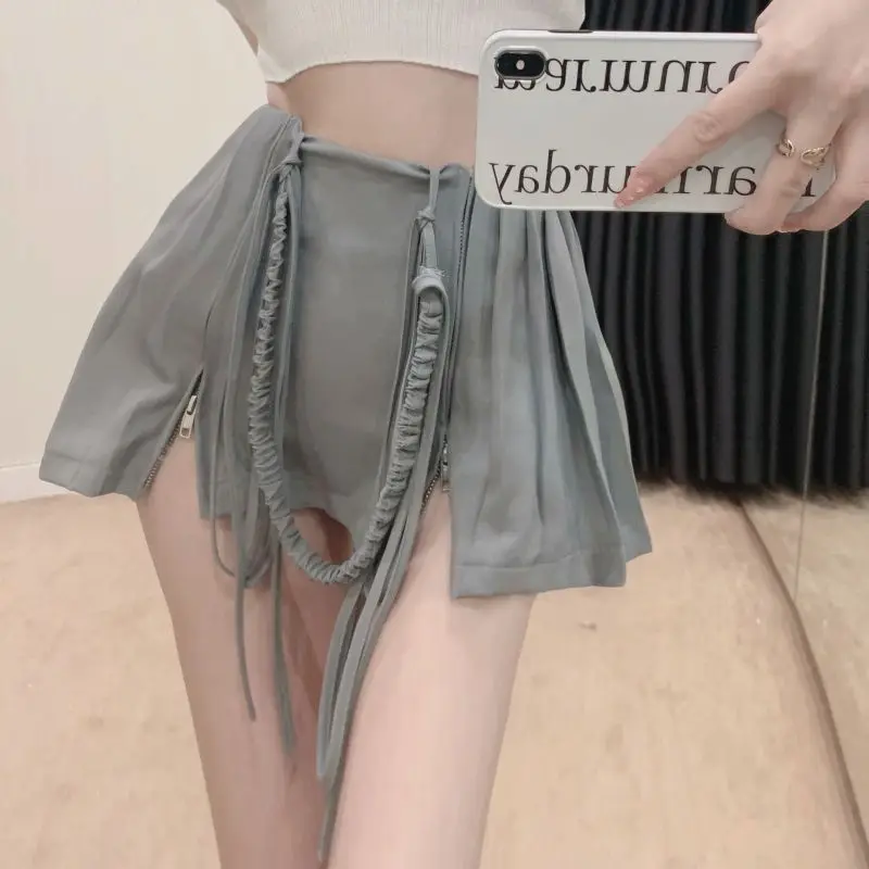 Korean Chic Niche Pleated Skirt Women Summer Casual Sweet Solid Lace-Up Zipper Dropped Solid Mini Dress All-Match Small