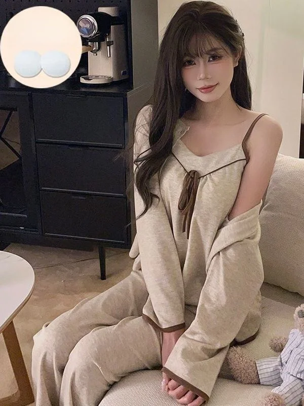 

Женский комплект домашней одежды больших размеров с длинным рукавом, термобелье с подкладкой на груди, новый комплект из трех предметов для весны и осени