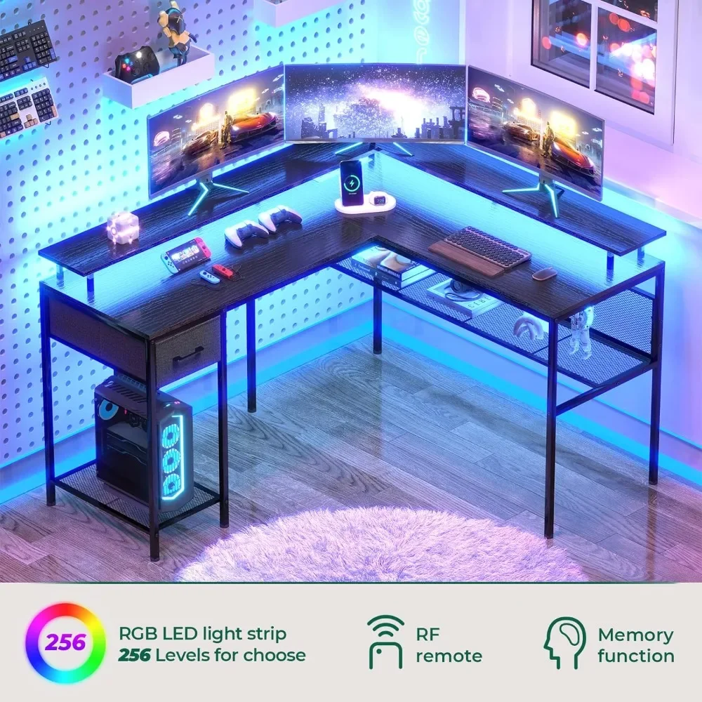 L Shaped Desk with LED Lights & Power Outlets Computer Desk with Storage Shelves Sturdy and Solid Construction Free Delivery