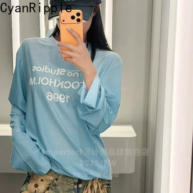 2026 New Spring Summer Women Glacier Blue Long Sleeve T-shirt Letters Printed Round Neck Sunscreen Top Slimming Short Sleeve Tee