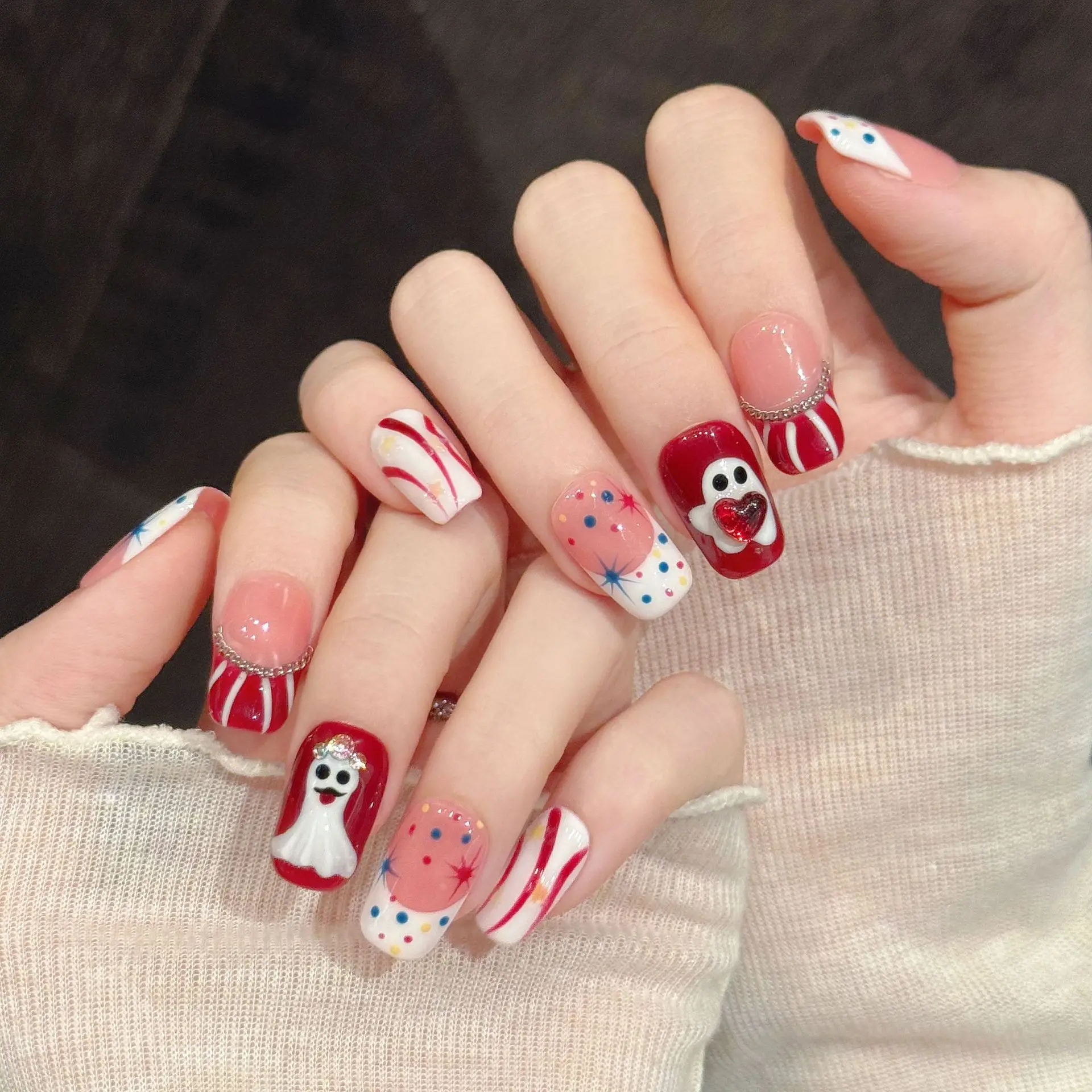 10Pcs Medium Square Nail Art, Halloween Ghost Nails, Contrast Color Stripes Playful Handmade False Nails, Suitable For Women