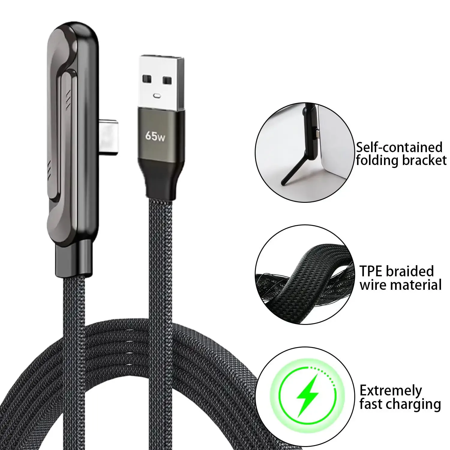ASUS 65W Fast Charging Sideways Phone Charger, Built-in Phone Stand Charging Cord with Folding Phone Stand USB A-Type-C Cable