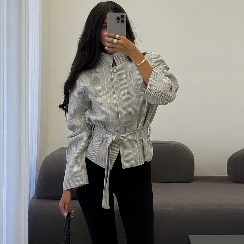 Chic Women's Plaid 2 Piece Set Outfit Small Stand Collar Waist Belt Pattern Blazer Capri Pants Suit 2026 New Commuter Office Set