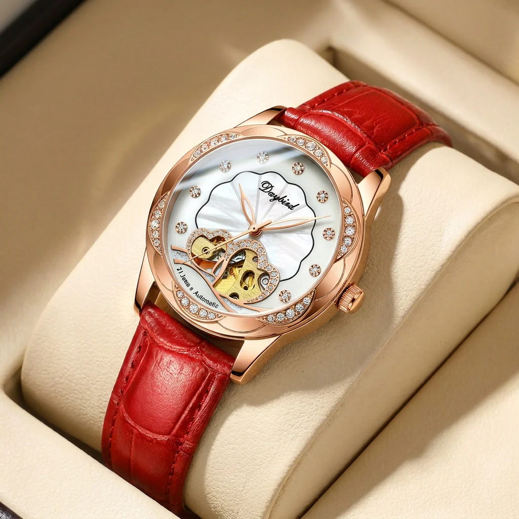 1pcs Women's white dial leather strap vintage fashion skeleton gear luxury details Mechanical Watch for business party holiday