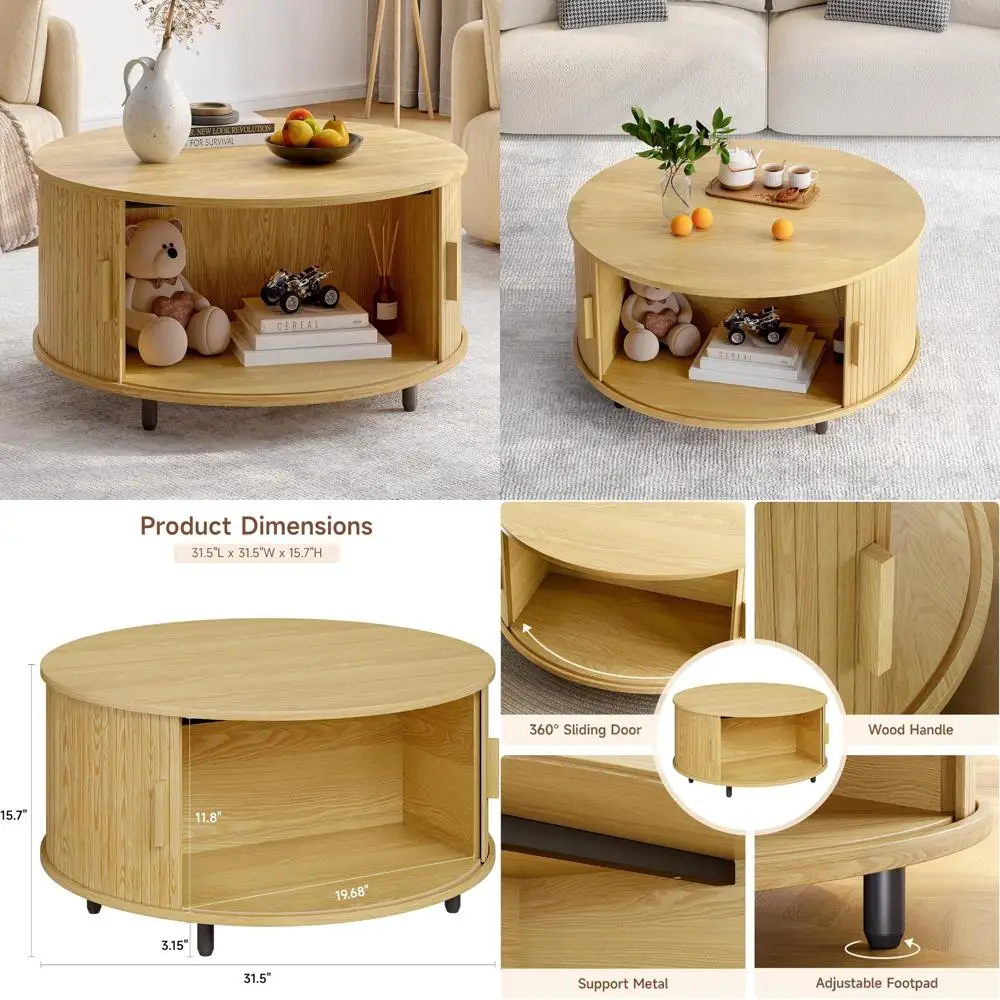 

Modern Fluted Accent Coffee Table with 360° Sliding Door Storage, 31.5 Round Table for Contemporary Living Spaces