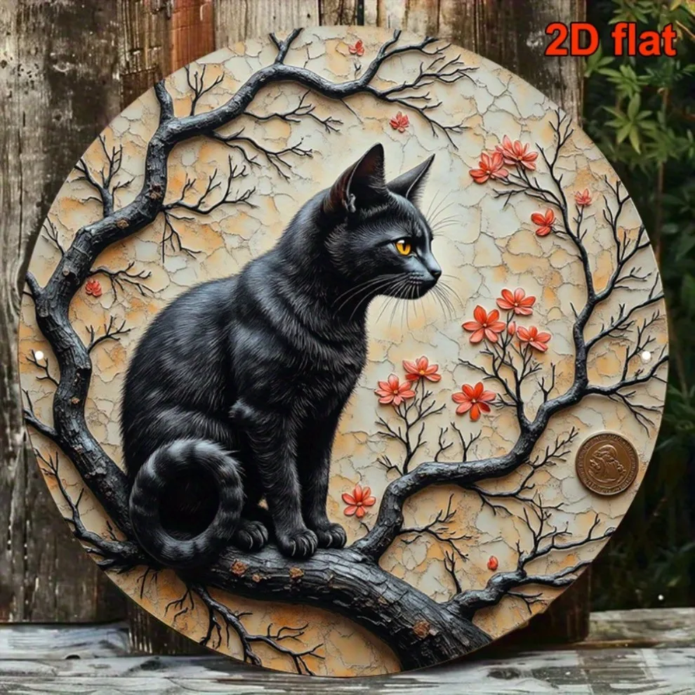 لوحة فنية جدارية معدنية على شكل زهر الكرز العتيق - علامة حديدية مستديرة مقاس 8 بوصات باللون الأسود والأحمر ديكور داخلي وخارجي لمقهى اليوغا والألومنيوم المتين #2