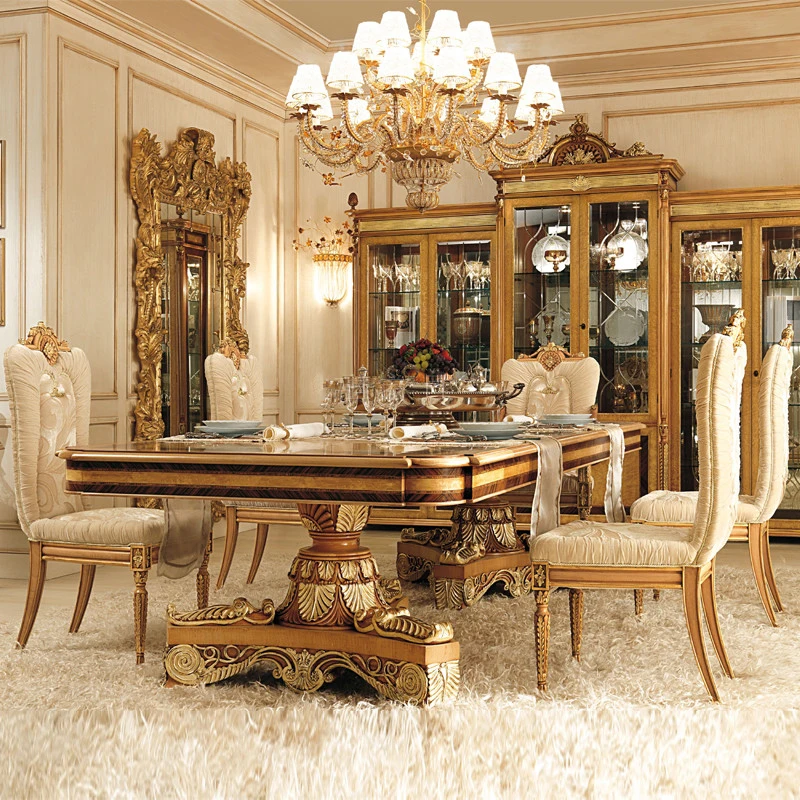 !@Luxurious Antique Gold Leaf Wood Veneer Table Top Rectangle Hand Carving Dining Table Set Royal Home Furniture