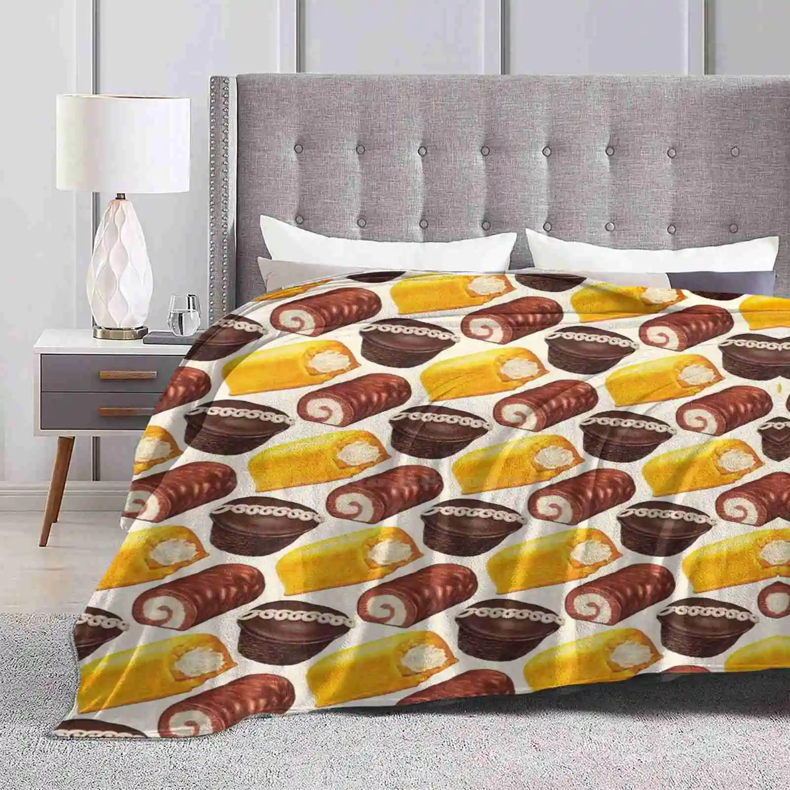 아메리칸 스낵 케이크 패턴 담요, 부드럽고 따뜻한 여행 담요, 휴대용 컵케이크 디저트, 음식 정크 초콜릿, 빈티지 레트로