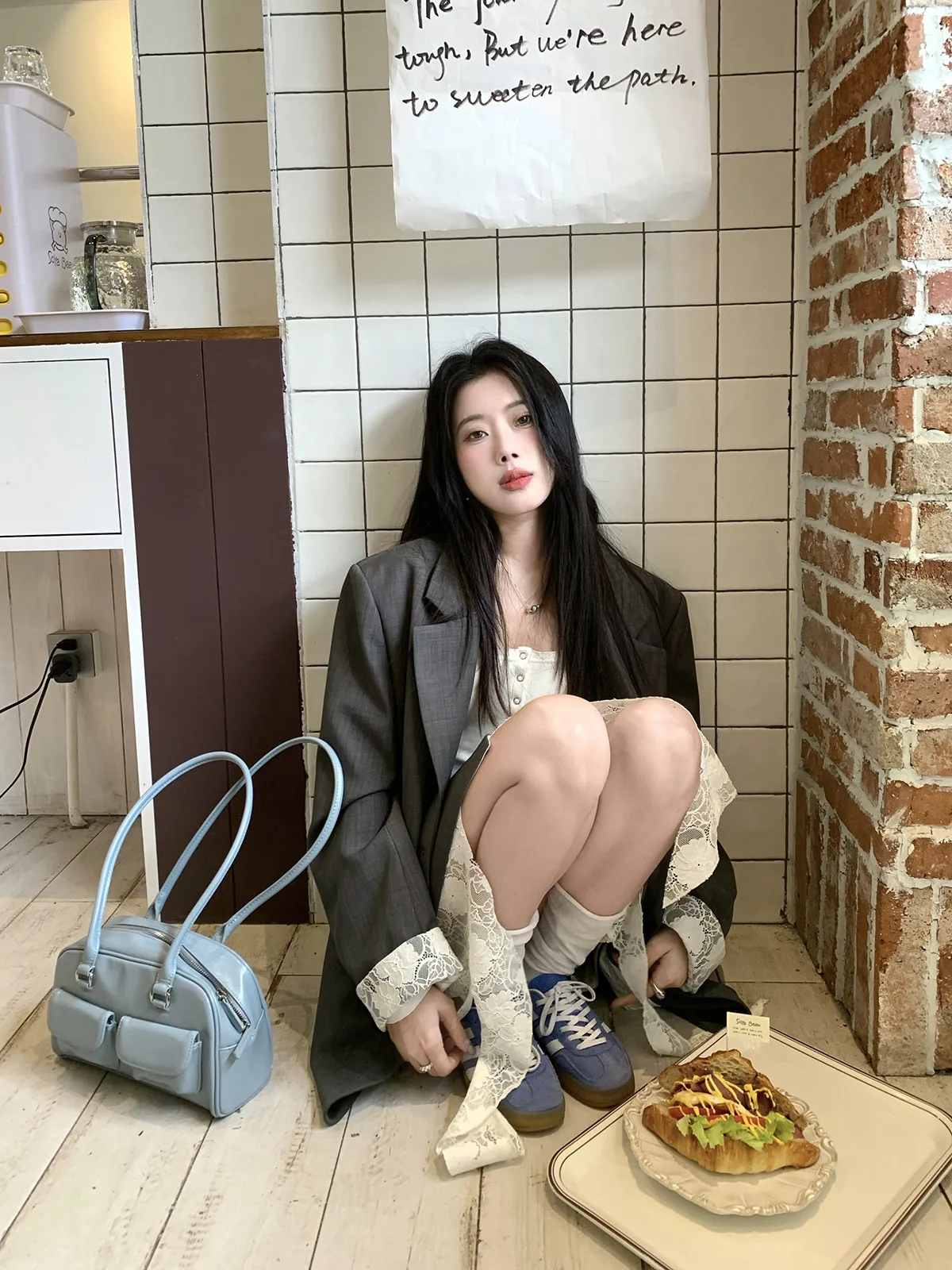 

Joeyoo ey Lace Splice Sve Suit Jaet женский ранний осенний корейский повседневный длинный све теплый круглый подол из полиэфирного волокна