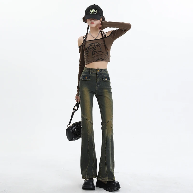 

2024 Spring Summer New Women Jeans American Streetwear Micro Denim Pants Design Sense High Waist Hot Girl Slim Trouser Female