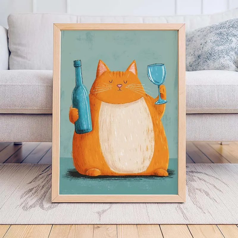 Cat with Glass Bottle Wine Fruits Poster Chic Cat Mid Century Modern Kitchen Artwork Canvas Painting Wall Pictures Kitchen Decor