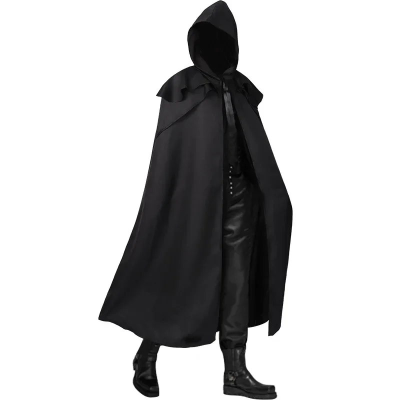 Medieval Vintage Hooded Loose Black Cloak Coats Windproof Trench Chic Winter Long Cape Poncho Gothic Mens Monk Halloween Cosplay