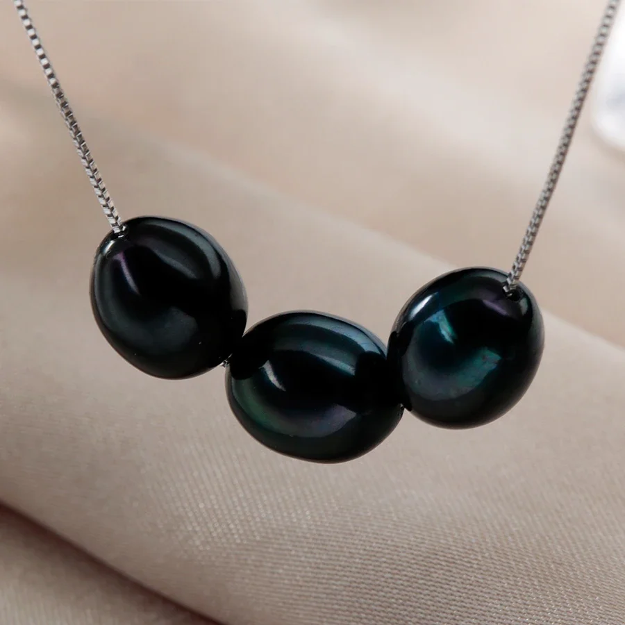 HENGSHENG Black Natural Pearl Necklace 7-8mm Rice Round Freshwater Pearl 925 Sterling Silver Fine Jewelry For Women