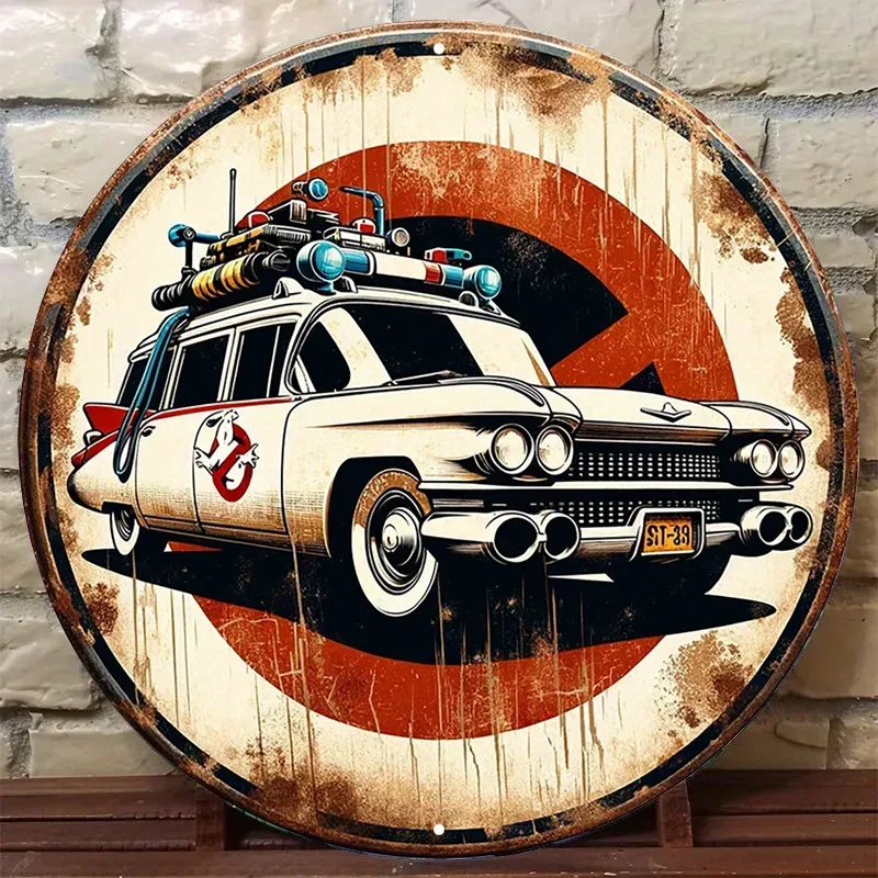 Wall Decor Ghostbusters Ecto-1 Car Vintage Metal Sign, Retro Aluminum Round Wall Art, Iconic Movie Vehicle Decor