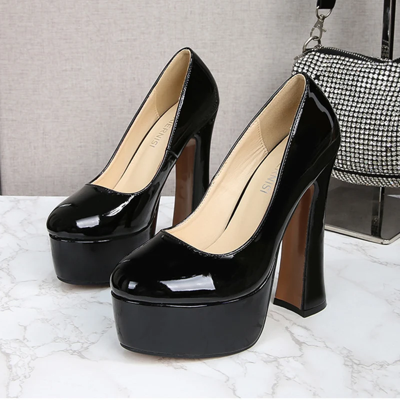 

Women Thick High Heel Platform Waterproof Round Toe Large Size Shallow Mouth Single Shoes Women's Top Quality High Heels 14CM