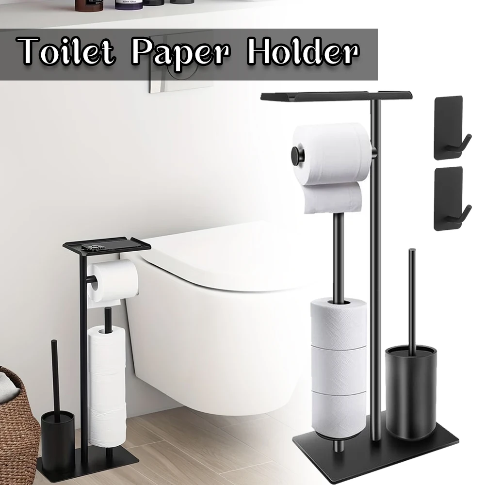 Freistehender Toilettenpapierhalter aus 18/8 Edelstahl, Bohrfreier Toilettenpapierständer mit oberer Ablage, Platz für 3 Ersatzrollen, rutschfester schwerer Sockel mit Toilettenbürste für moderne