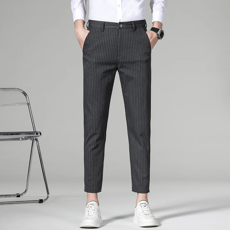 High Quality Autumn Business Stripe Plaid Ankle Length Pants Men Casual Solid Color Office Suit Long Trouser Male Brand Clothing