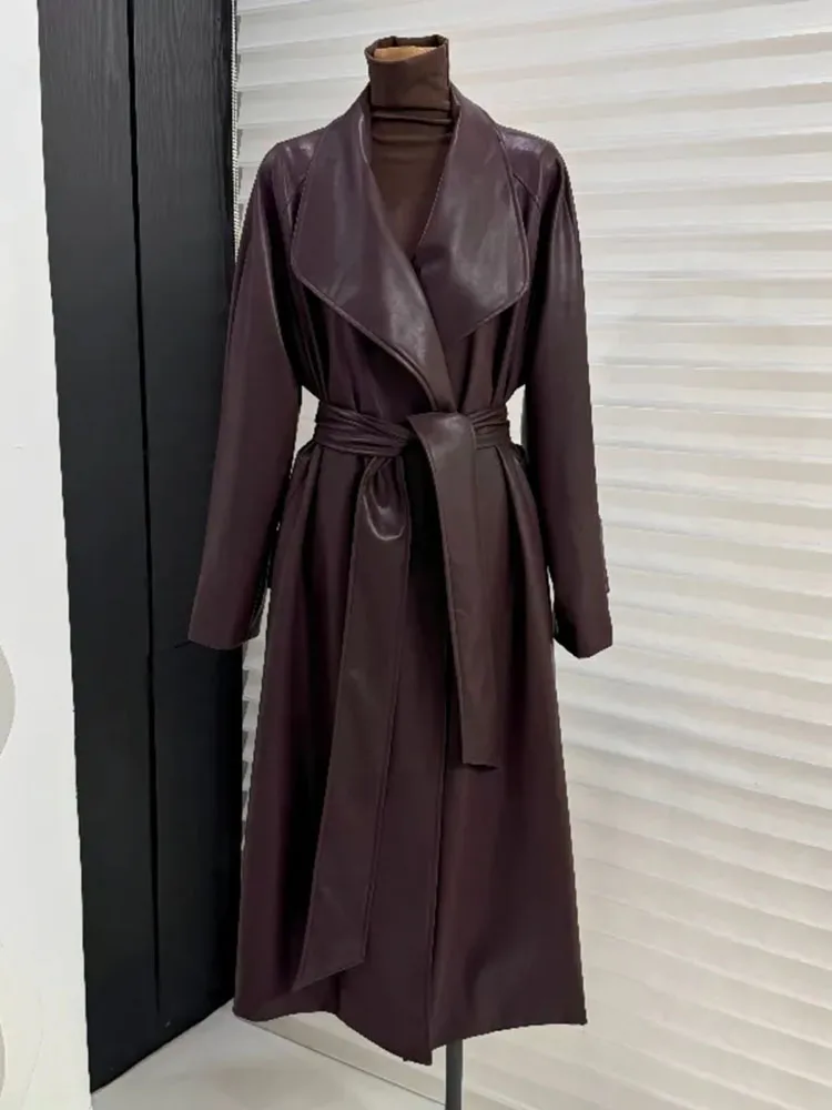 Autumn New French Style High end Suit Collar Over Knee Leather Trench Coat Women Clothing Waist Lace up Long Coat Winter Clothes