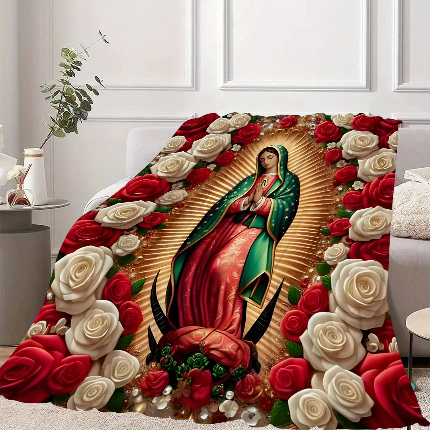 Virgin Mary with Roses Flannel Throw Blanket 3