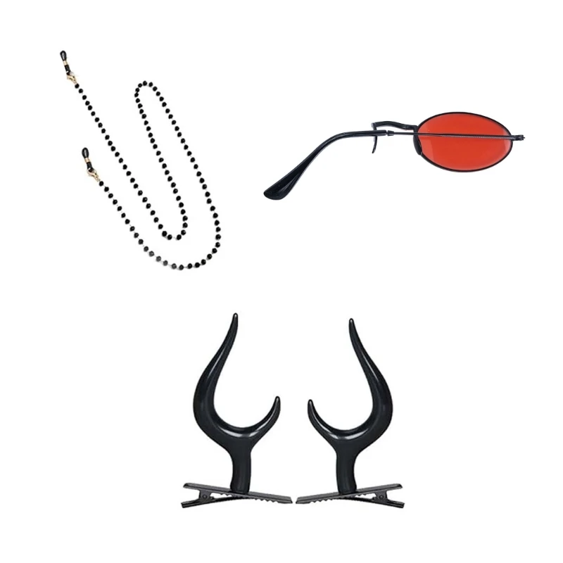 女性男性 Alastor アニメコスプレアクセサリーパーティー用品ハロウィンコスプレ悪魔角ヘアクリップモノクルとチェーン