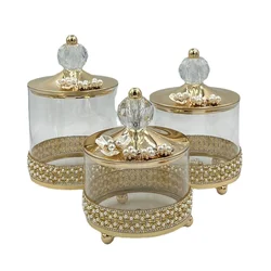 Modern Gold Crystal Metal Jar Candy Storage Box Living Room Cotton Swab Box Scented Candle Jar Living Room Ornaments Home Decor