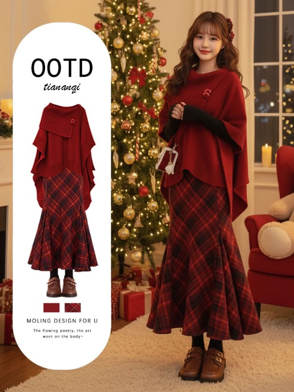 

Elegant Christmas Style Wrap Sweater Dress Red New Year Dress Long Skirt Knitted Winter Fashion Women's Set Luxury Pattern