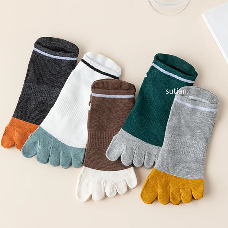 5 Pairs Man Toe Boat Socks Cotton Mesh Breathable Sweat-Absorbing Patchwork Striped soft Elastic Ankle 5 Finger Sport Socks