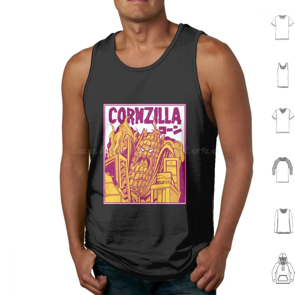 Cornzilla Tank Tops Print Cotton Corn Food Character Corncob Cornfield Farm Parody Wordplay Colorful Eat Garden Maize