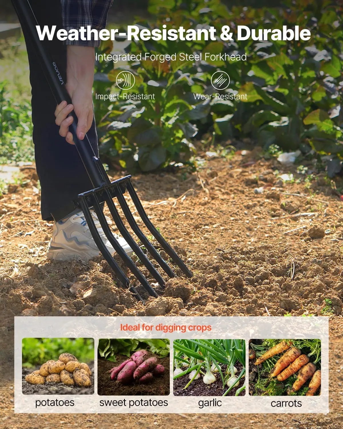 Garden Fork, 5-Tine Gardening Pitchfork with Metal Handle, 41 in Heavy Duty Digging Fork with Y Grip, Forged Steel Spading Fork