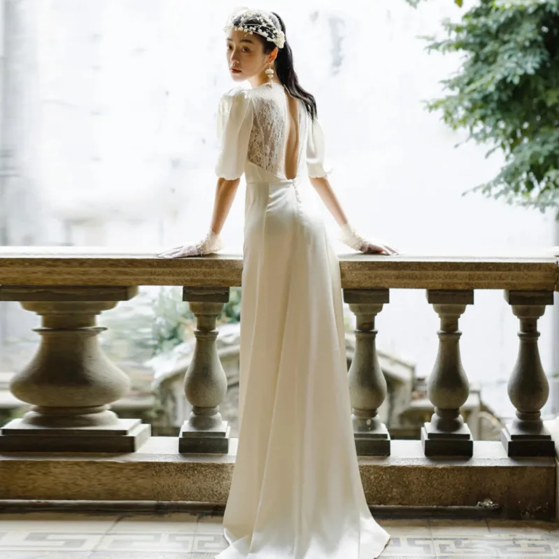 Атласное простое утягивающее элегантное платье с открытой спиной для путешествий, уличное платье с небольшим шлейфом и выходом, платье для приема для женщин