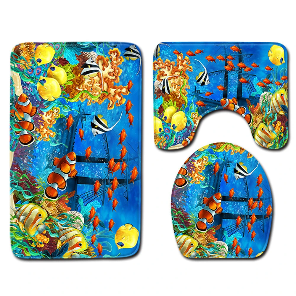 

Marine Animal Bathroom Set Blue Marine Animal Paradise Dolphin Fish Bathroom Carpet Toilet Mat Bathroom Set Decoration