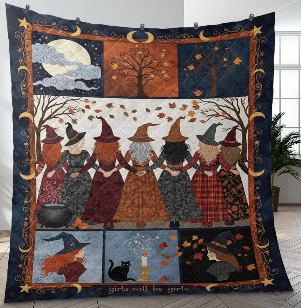Witches Dancing Quilted Blanket Moonlit Sky, Autumn Decor Living Room Sofa Home Decoration Blankets