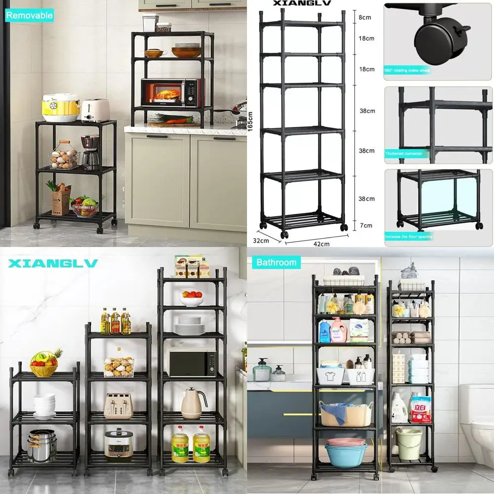 

6-уровневый регулируемый высокий узкий черный стеллаж с колесами и противоскользящими ножками, 42x32x165 см