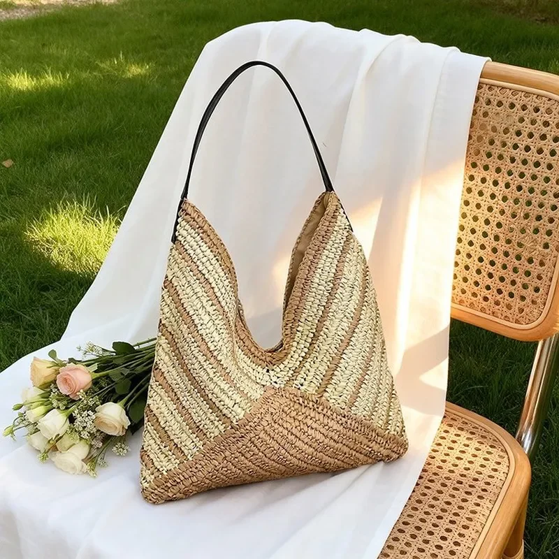 Tote bag for women large capacity seaside vacation beach bag hand-woven twill straw bag view 2
