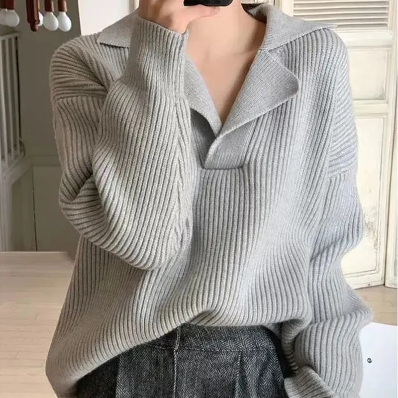 Rimocy Korean Fashion Loose V Neck Sweater Women Chic Long Sleeve Knitted Pullover Woman All Match Keep Warm Jersey Tops Female