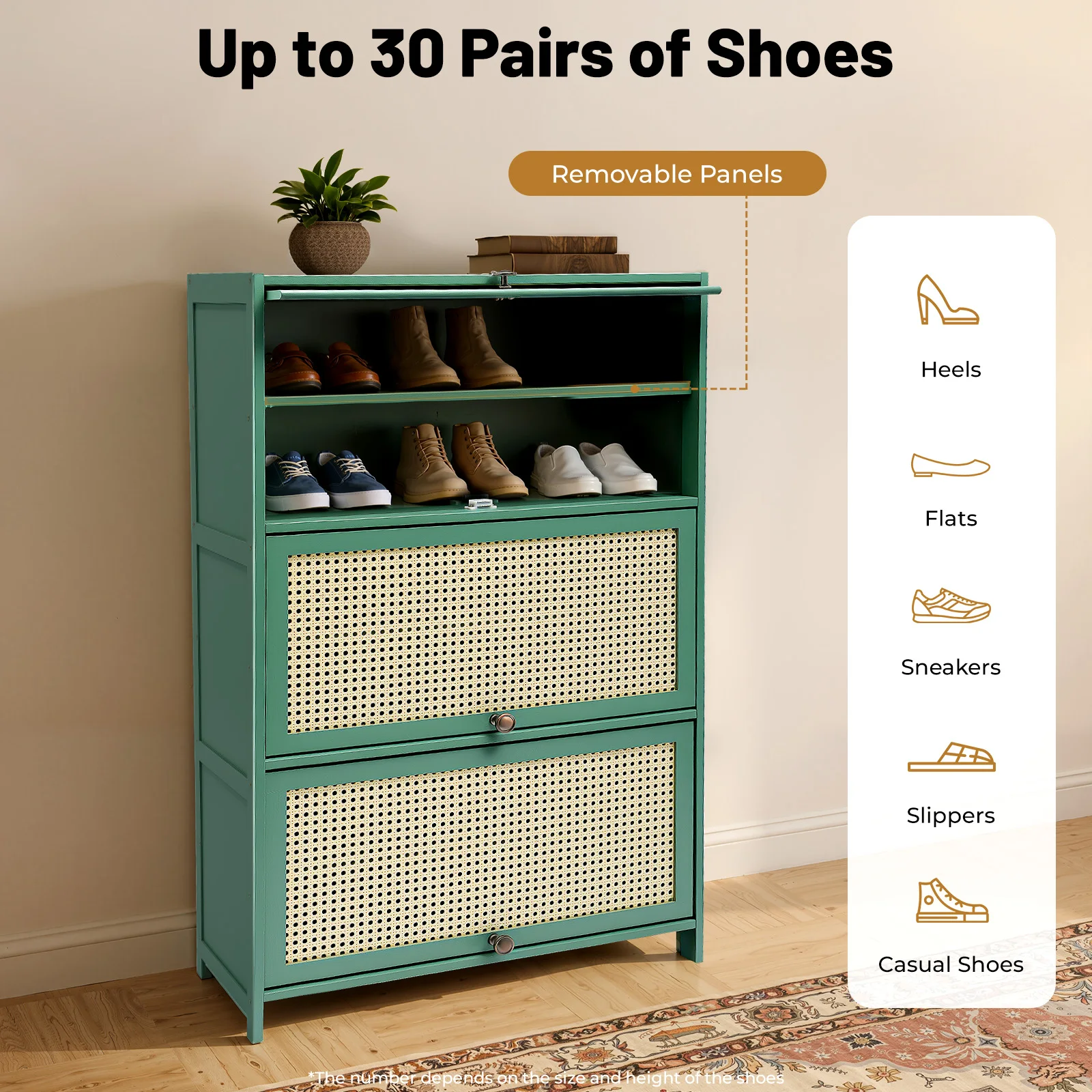 

7-Tier Green Bamboo Shoe Cabinet with Folding Doors, Space Saving Shoe Rack Storage Organizer for Entryway, Holds 30 Pairs, Home