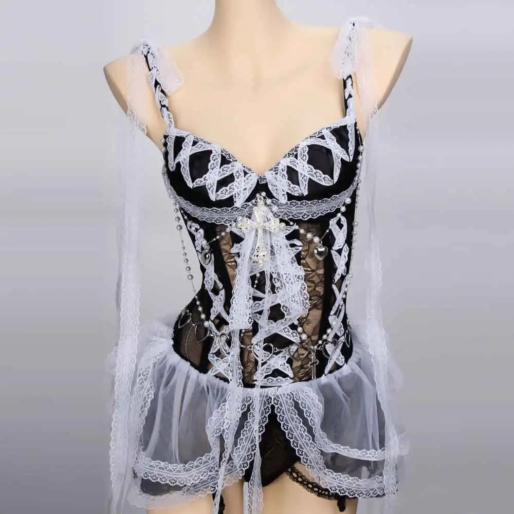 White Gothic Dress for Women Y2K Rave Cyber Punk Rock Star Goth Cross Lace Scene Emo ALT Grunge E-Girls Lolita Ball Gown Clothes