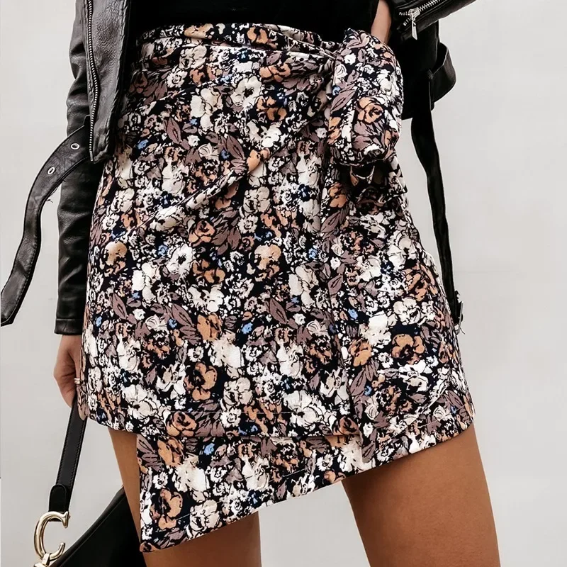 

High Waist Women Cottagecore DressMini Wrap Skirt Autumn Casual Bandage Floral Faldas Elegant Irregular Bodycon Short Skirts