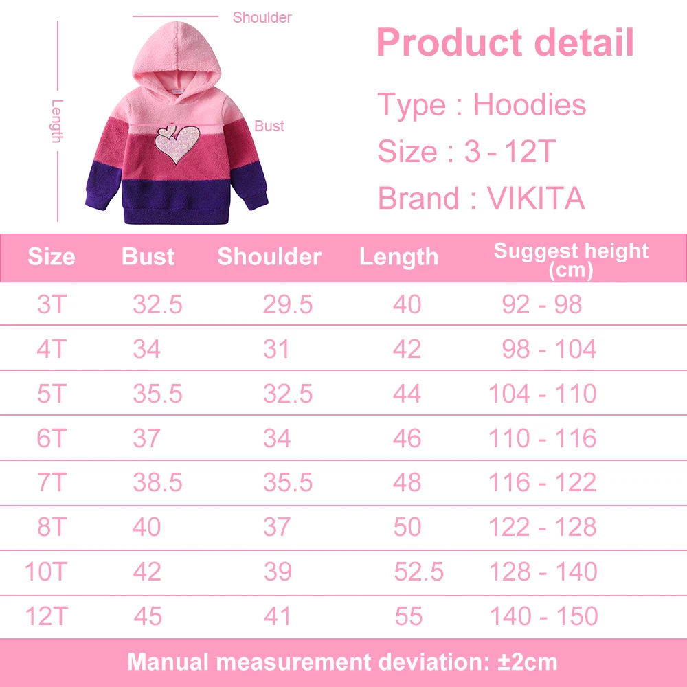 VIKITA Girls Hoodies for Autumn Spring Kids Fleece Hooded Sweatshirt Girls Heart Design Striped Thick Hoodies Children Clothing