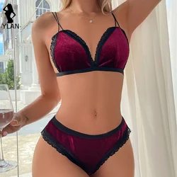 Winter Sexy Lingerie For Women Soft Velvet Bra Set Intimate Sleepwear 2 Pieces Wine Red Underwear Set Backless Lingerie