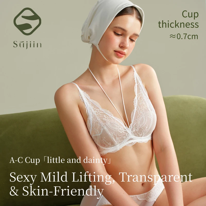 

SUJIIN Womens Sexy Lace Plunge Bra Wireless Comfortable Deep V Soft Support Breathable Bras Women Sexy Female Lingerie MX352