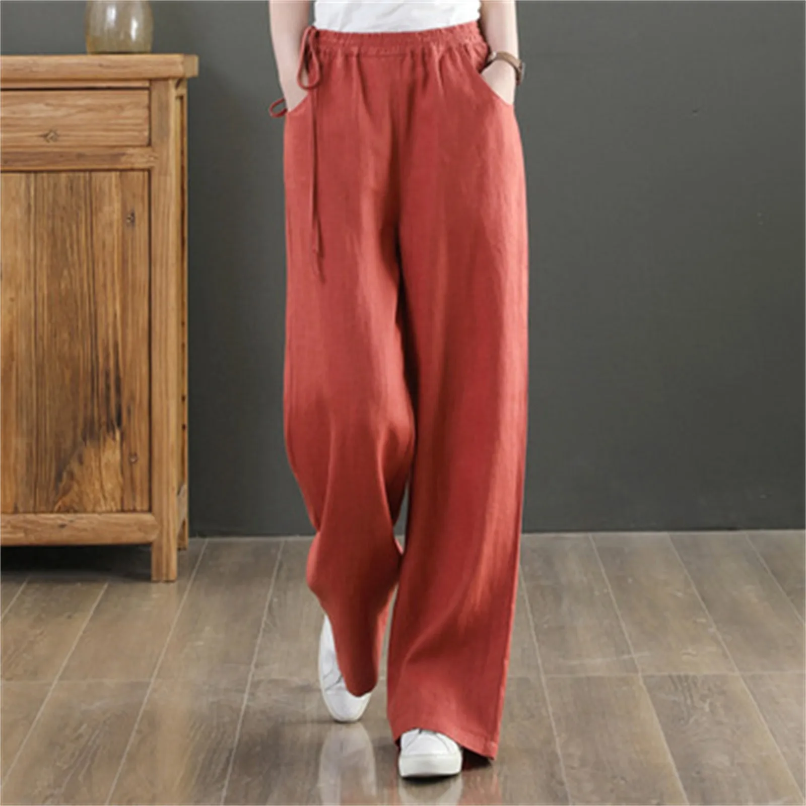 

Solid Color Simplicity Loose Long Pant Women's Cotton And Linen Wide Leg Pants High Waist Drawstring Casual Trousers With Pocket