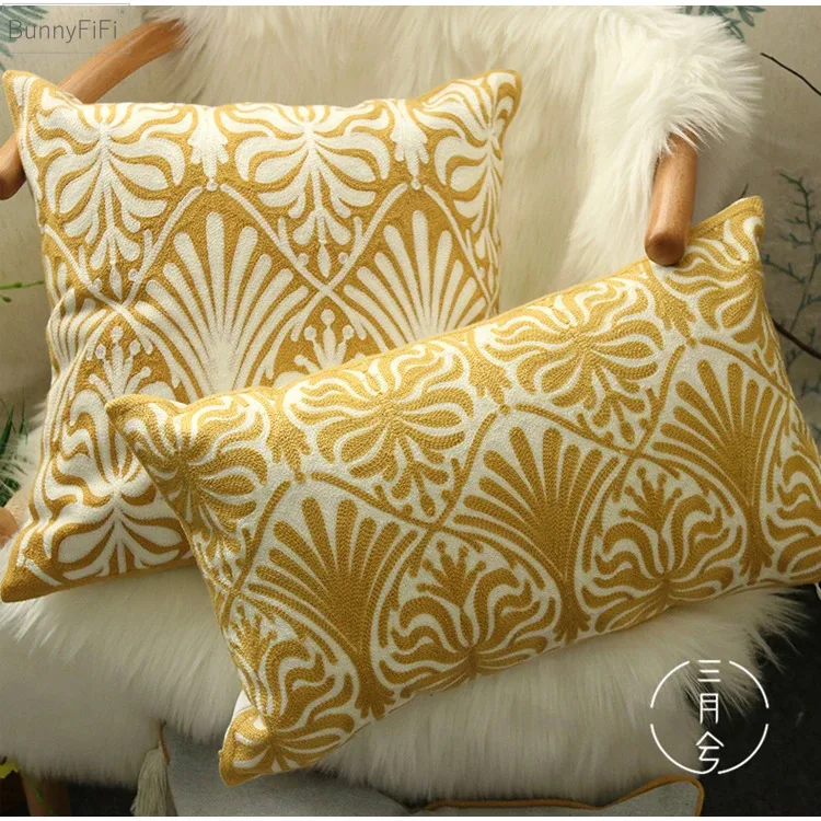 Home Decor Embroidered Cushion Cover Navy Blue Yellow Flower Geometric Canvas Cotton Embroidery Pillow Cover 30x50cm Pillow Sham