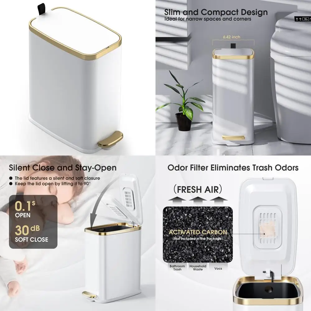 

Небольшое мусорное ведро для ванной комнаты с крышкой, тонкое мусорное ведро длиной 5 л/1,3 галлона, металлическая корзина для мусора-прямоугольная узкая мусорная корзина для
