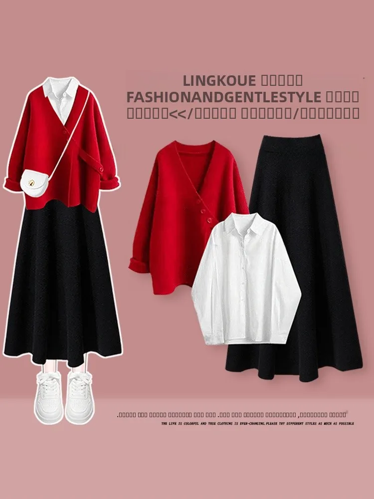 

Ladies Casual Sle Knitted Sweater And Skirt Set V-Ne Mid-Length Sve High Waist A-Line Skirt Tee-Piece Autumn Winter ...
