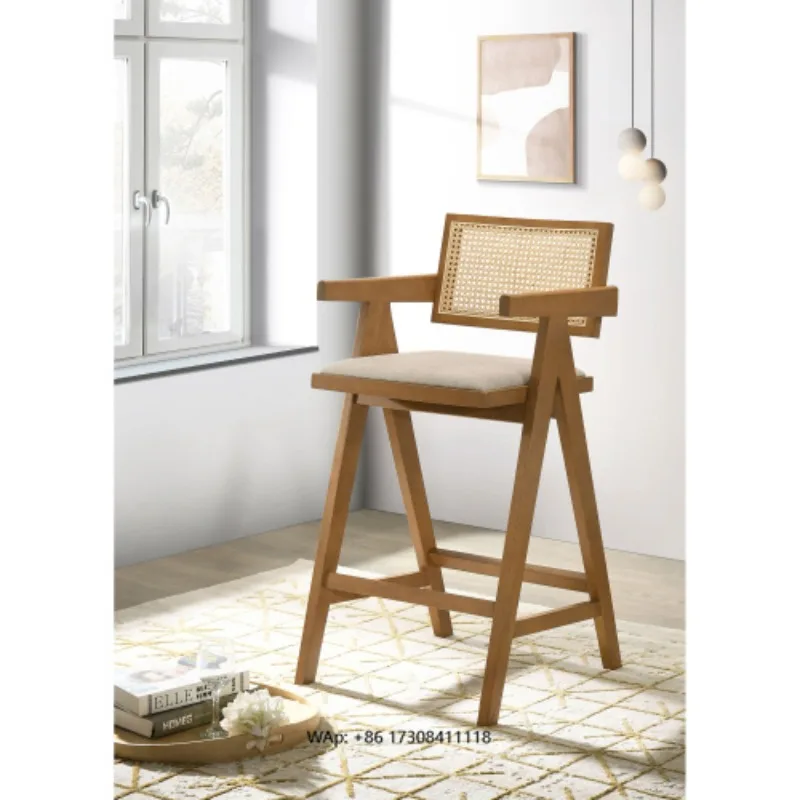 Modern Coffee Cafe Shop Armrest High Counter Kitchen Restaurant Wood Rattan Dining Bar Chair((Set of 2))