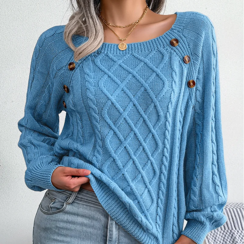 Autumn and Winter 2023 New Casual Square Neck Raglan Sleeve Geometric Casual Basics Office Lady Knitting Female Pullover Sweater